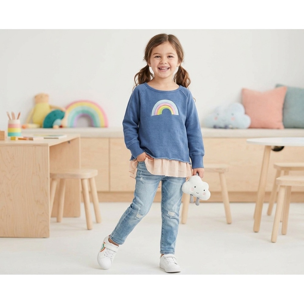 Everbloom Rainbow Sweatshirt Kids Size 4T Blue Excellent Ruffle Peplum Hem